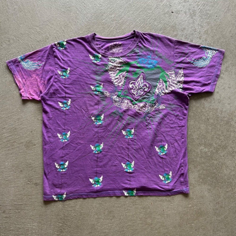 Vintage Y2K Jinzu Shirt Size Large Purple All Over Print Wings Fleur De Lis